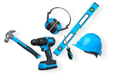 Construction tools and safety equipment shown on white background. Concept .. Stock Illustration