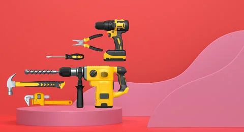Construction tools and safety equipment floating over podium on abstract ba.. Ilustración de archivo