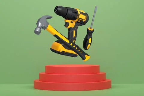 Construction tools and safety equipment floating over podium on abstract ba.. Ilustración de archivo