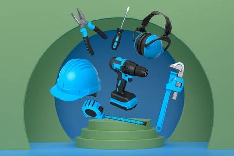 Construction tools and safety equipment floating over podium on abstract ba.. Ilustración de archivo