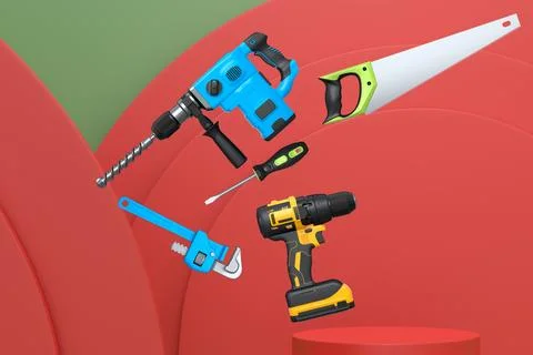 Construction tools and safety equipment floating over podium on abstract Ilustración de archivo
