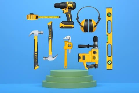 Construction tools and safety equipment floating over podium on abstract Ilustración de archivo