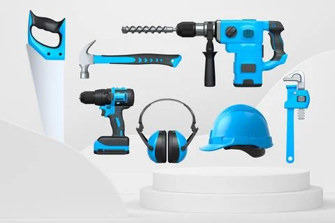 Construction tools and safety equipment floating over podium on abstract Ilustración de archivo