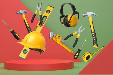 Construction tools and safety equipment floating over podium on abstract Ilustración de archivo