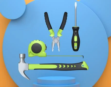 Construction tools and safety equipment floating over podium on abstract Ilustración de archivo