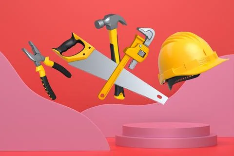 Construction tools and safety equipment floating over podium on abstract Ilustración de archivo