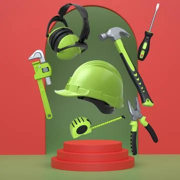 Construction tools and safety equipment floating over podium on abstract ba.. Ilustración de archivo