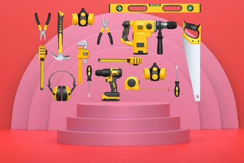 Construction tools and safety equipment floating over podium on abstract ba.. Ilustración de archivo