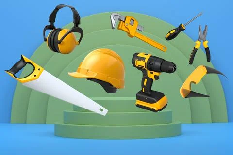 Construction tools and safety equipment floating over podium on abstract ba.. Ilustración de archivo