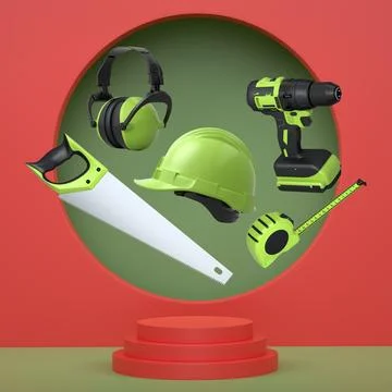 Construction tools and safety equipment floating over podium on abstract ba.. Ilustración de archivo