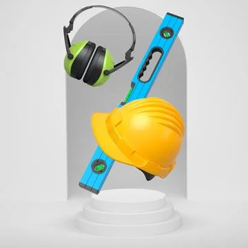Construction tools and safety equipment floating over podium on abstract ba.. Ilustración de archivo