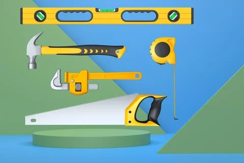 Construction tools and safety equipment floating over podium on abstract ba.. Stock Illustration