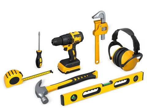 Construction tools and safety equipment isolated on white background with cli Stock Illustration
