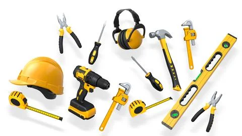 Construction tools and safety equipment shown on white background. Concept .. Stock Illustration