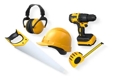 Construction tools and safety equipment including saw, helmet, earmuffs, dr.. Stock Illustration