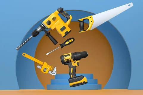Construction tools and safety equipment floating over podium on abstract ba.. Stock Illustration