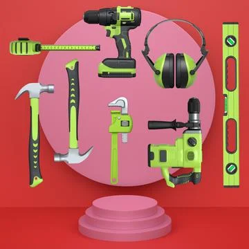 Construction tools and safety equipment floating over podium on abstract ba.. Stock Illustration