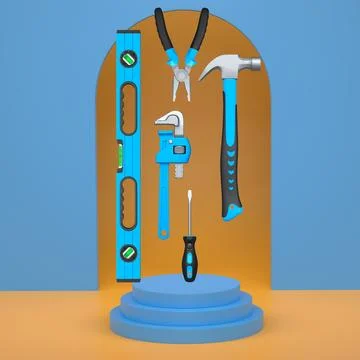 Construction tools and safety equipment floating over podium on abstract ba.. Stock Illustration