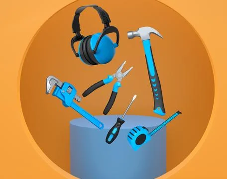 Construction tools and safety equipment floating over podium on abstract ba.. Stock Illustration