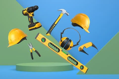Construction tools and safety equipment floating over podium on abstract ba.. Stock Illustration