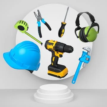 Construction tools and safety equipment floating over podium on abstract ba.. Stock Illustration