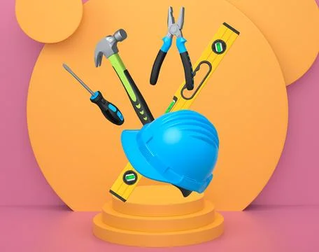 Construction tools and safety equipment floating over podium on abstract ba.. Ilustración de archivo