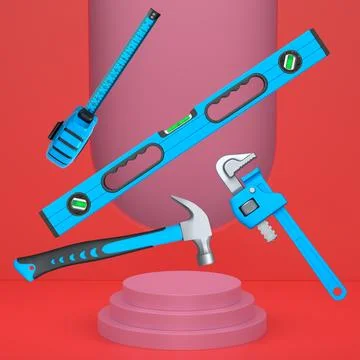 Construction tools and safety equipment floating over podium on abstract ba.. Ilustração Stock