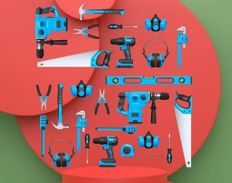 Construction tools and safety equipment floating over podium on abstract ba.. Ilustración de archivo