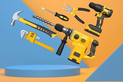 Construction tools and safety equipment floating over podium on abstract ba.. Ilustração Stock