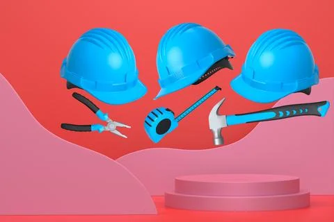 Construction tools and safety equipment floating over podium on abstract ba.. Stock Illustration
