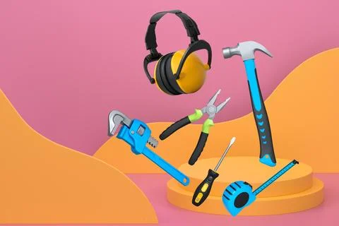 Construction tools and safety equipment floating over podium on abstract ba.. Ilustração Stock