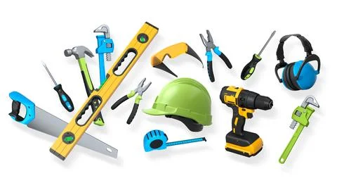 Construction tools and safety equipment shown on white background. Concept .. Stock Illustration