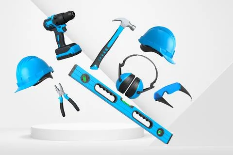 Construction tools and safety equipment floating over podium on abstract ba.. Ilustração Stock