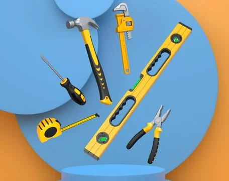 Construction tools and safety equipment floating over podium on abstract ba.. Ilustración de archivo