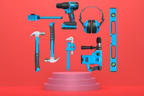 Construction tools and safety equipment floating over podium on abstract ba.. Ilustração Stock