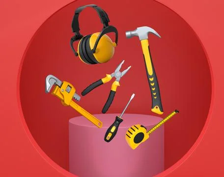 Construction tools and safety equipment floating over podium on abstract ba.. Ilustração Stock