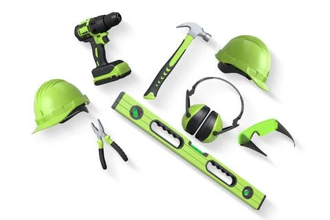 Construction tools and safety equipment shown on white background. Concept .. Stock Illustration