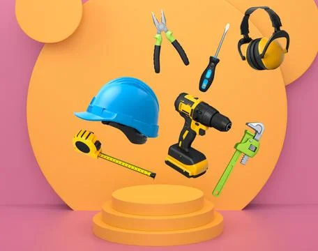 Construction tools and safety equipment floating over podium on abstract ba.. Ilustração Stock