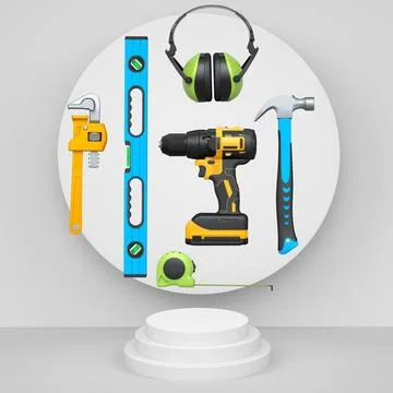 Construction tools and safety equipment floating over podium on abstract ba.. Ilustração Stock