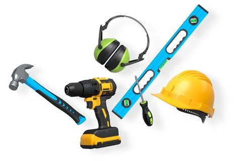 Construction tools and safety equipment shown on white background. Concept .. Stock Illustration