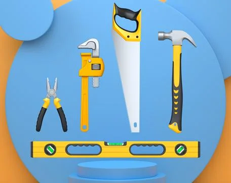 Construction tools and safety equipment floating over podium on abstract ba.. Ilustração Stock