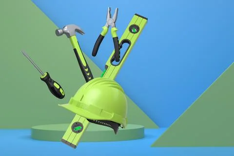Construction tools and safety equipment floating over podium on abstract ba.. Ilustração Stock