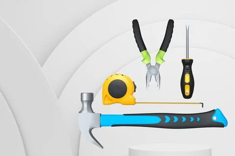 Construction tools and safety equipment floating over podium on abstract Stock Illustration