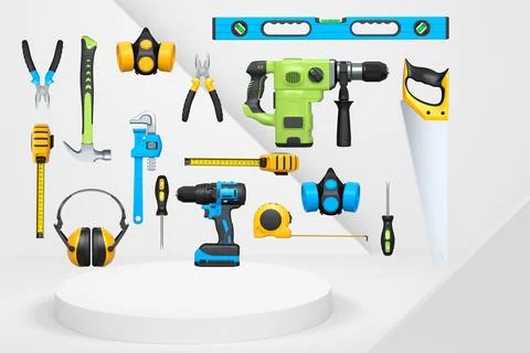 Construction tools and safety equipment floating over podium on abstract Ilustração Stock
