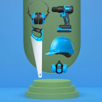 Construction tools and safety equipment floating over podium on abstract Ilustração Stock