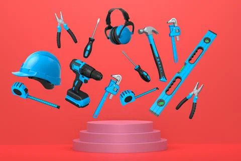 Construction tools and safety equipment floating over podium on abstract Stock Illustration