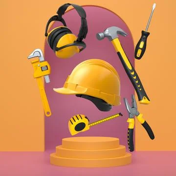 Construction tools and safety equipment floating over podium on abstract Stock Illustration