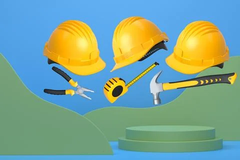 Construction tools and safety equipment floating over podium on abstract Ilustração Stock