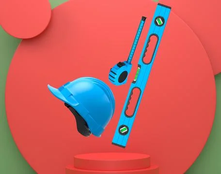 Construction tools and safety equipment floating over podium on abstract Ilustración de archivo