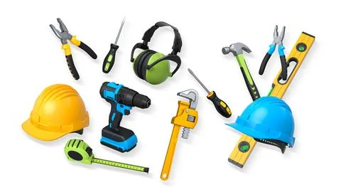 Construction tools and safety equipment isolated on white background with cli Illustrazione stock